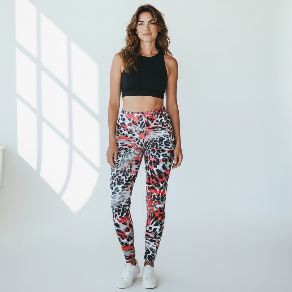 SHEIN Women One Size Vibrant Coral Black Animal Patterned Soft Ankle Leggings‎